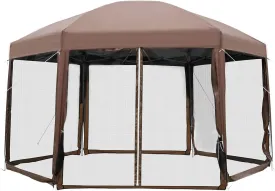 13’X13’ Gazebo Tent Hexagonal Outdoor Gazebo Waterproof Easy Setup Pop up Canopy Height Adjustable Camping Tent with Mosquito Netting Zippers for Patio Party Outdoor Backyard, Brown