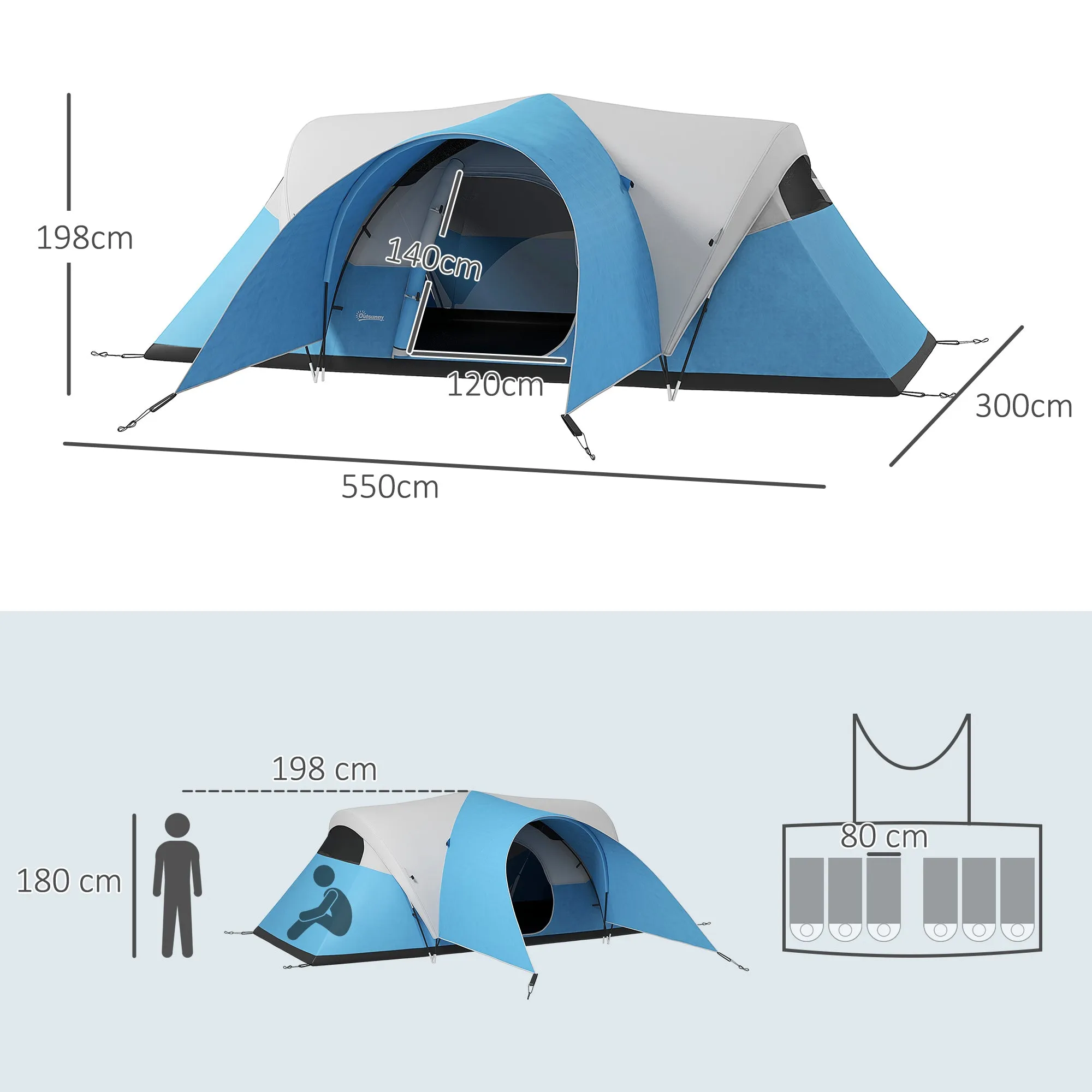 3000mm Waterproof Camping Tent for 5-6 Man, Family Tent with Porch and Sewn in Groundsheet, Portable with Bag, Blue