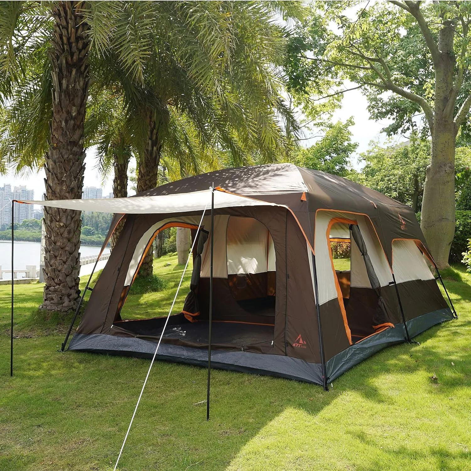 Extra Large Tent 10-12 Person Family Cabin Tents, 2 Rooms, Straight Wall, 3 Doors and 3 Windows with Mesh, Waterproof, Double Layer, Big Tent for Outdoors