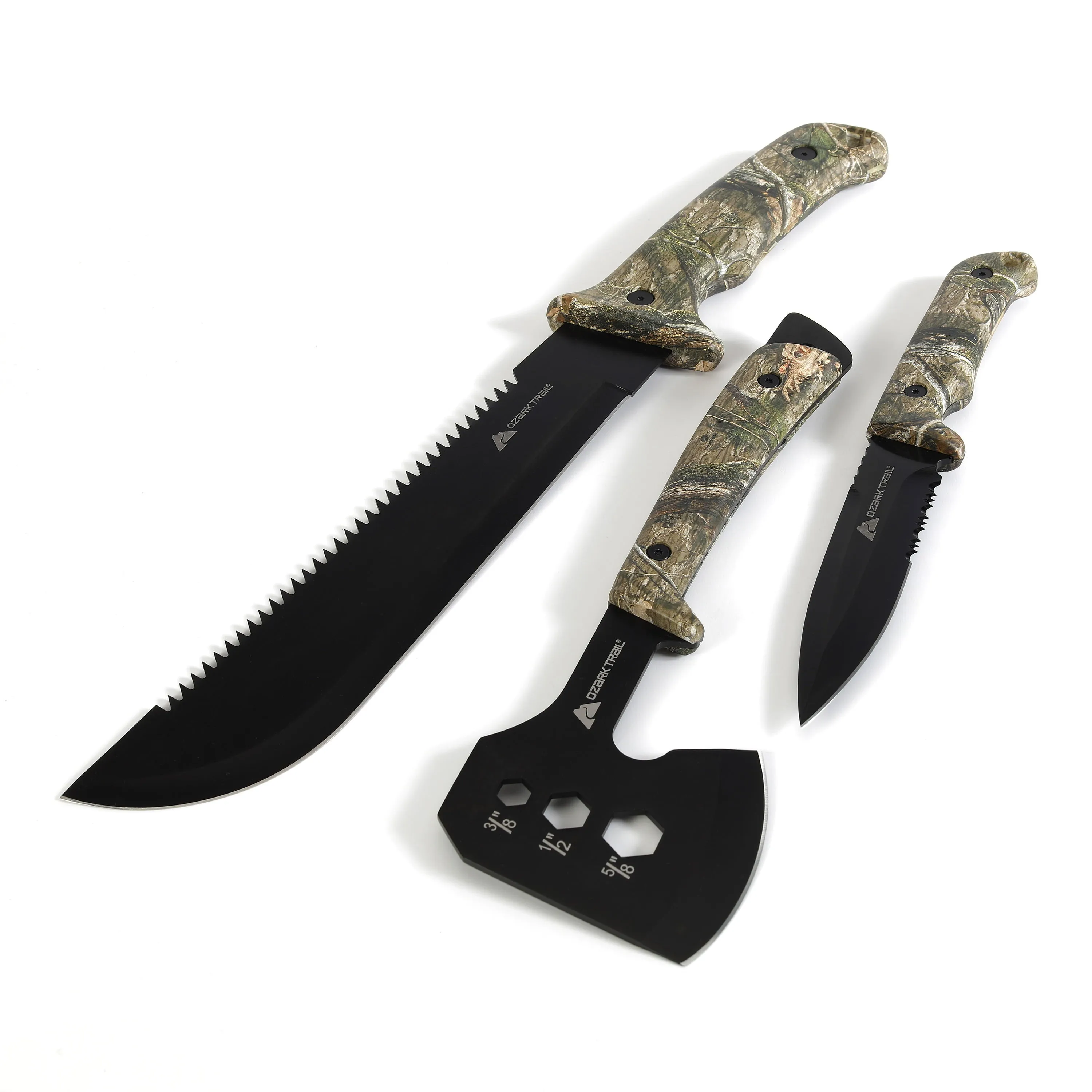 Ozark Trail 12-Pack Camping Tool Set with 180-Lumen Flashlight, 10" Machete, 4.5" Hatchet, 5" Knife, Sharpening Stone, Fire Starter, 50 Foot Utility Cord and Carabiners, Mossy Oak Dna Camo