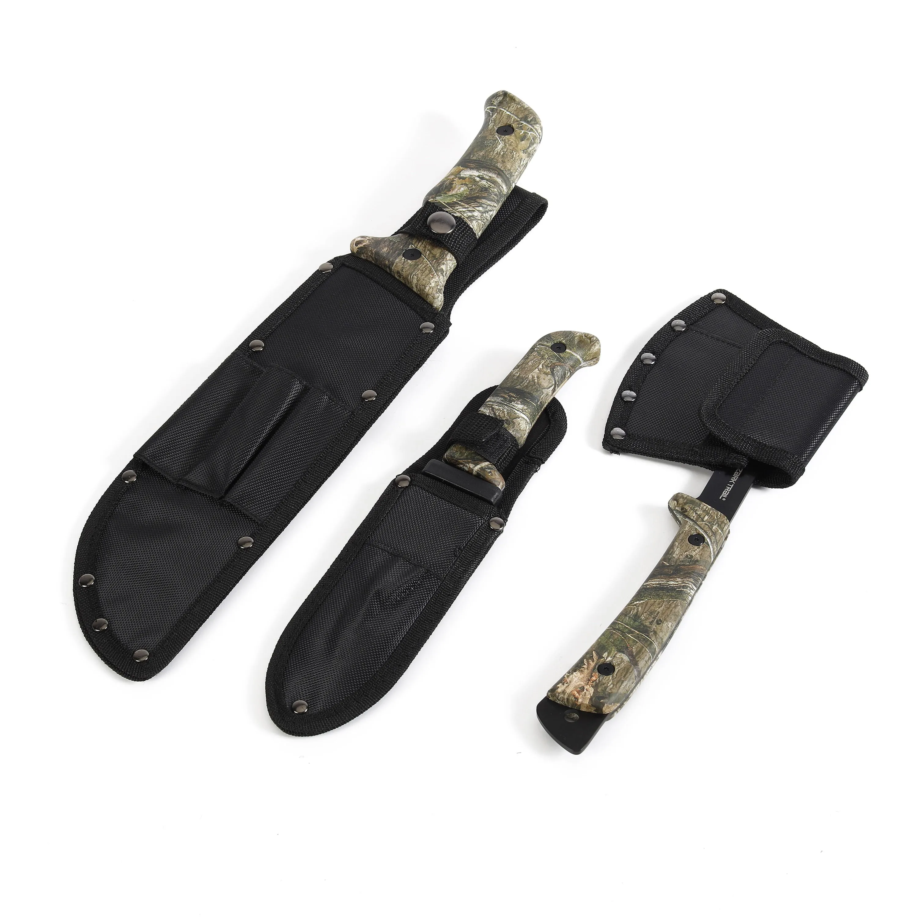 Ozark Trail 12-Pack Camping Tool Set with 180-Lumen Flashlight, 10" Machete, 4.5" Hatchet, 5" Knife, Sharpening Stone, Fire Starter, 50 Foot Utility Cord and Carabiners, Mossy Oak Dna Camo