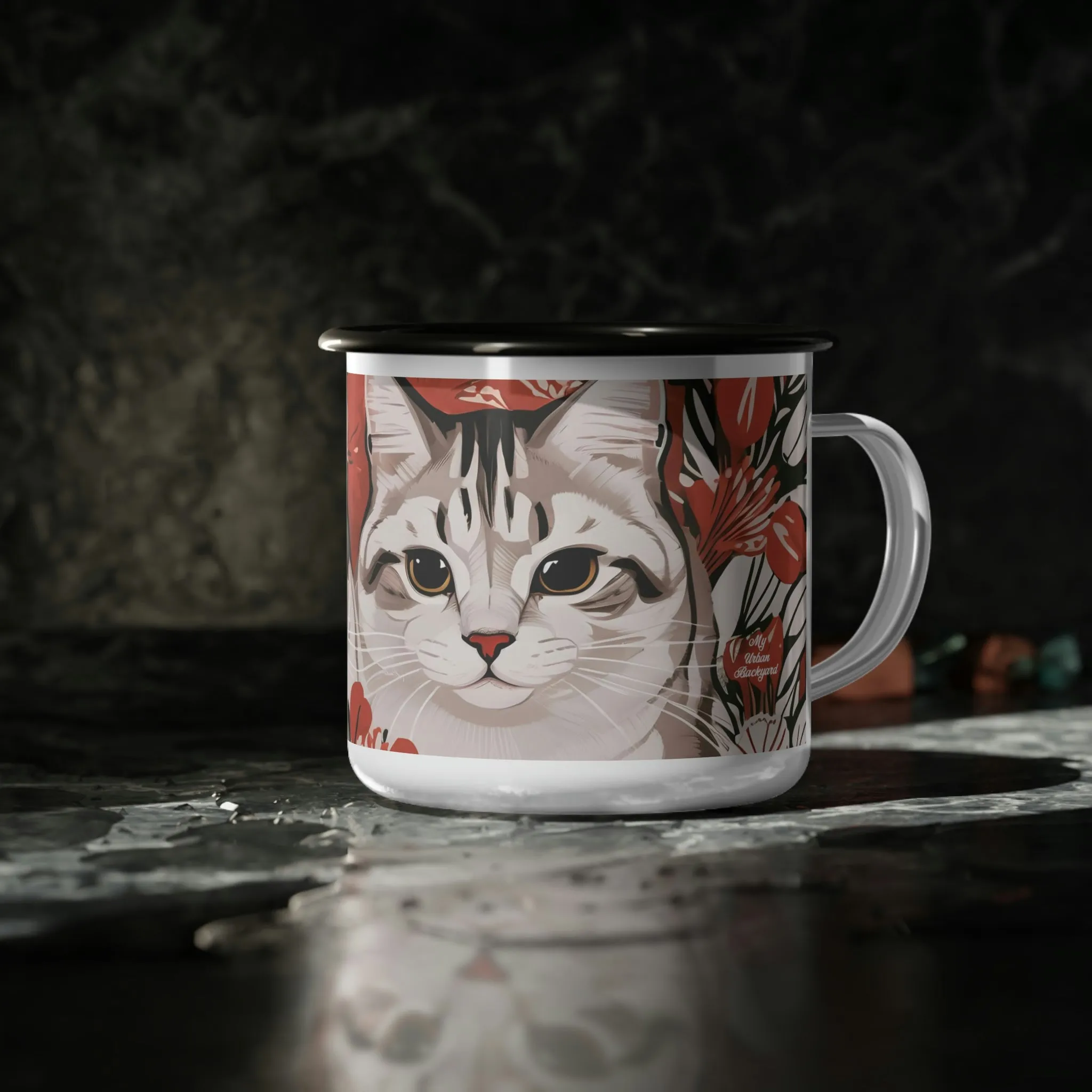 White Cats, Enamel Camping Mug for Coffee, Tea, Cocoa, or Cereal - 12oz